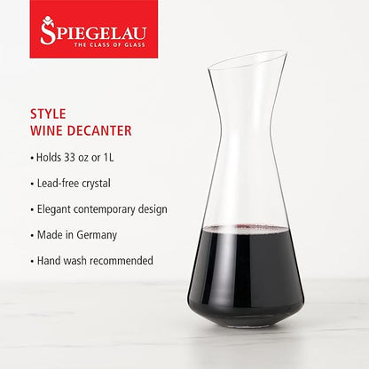Spiegelau Style Crystal Wine Decanter, Elegant Carafe for Red and White Wine, Modern Glass Pitcher for Wedding Gifts, Housewarming, Hosting Essentials, Home Bar, 33 oz (1 L), Set of 1