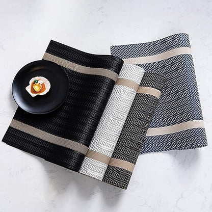 PIGCHCY Luxurious Placemats and Table Runner Set, Stylish Durable Placemats Set of 6 for Home Wedding Hotel Decoration (Black)