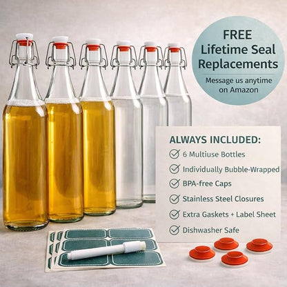 Otis Classic Clear Swing Top Glass Bottles, Plastic Caps, 16oz | Marker & - Image 3