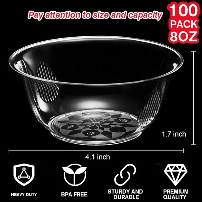 MOACOCK 100 Pack Small Clear Plastic Bowls, 8oz Hard Disposable Salad Bowls - Image 3