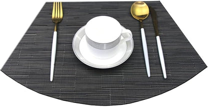 Wedge Placemats for Round Table Woven Vinyl Heat Resistant Washble Easy Clean Table Mats Set of 6（Black）