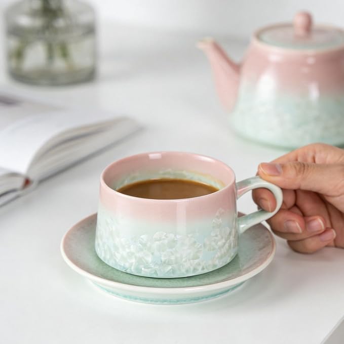 KAMMAK Tea Cups and Saucers Set of 2, 7.7 oz Glaze Coffee Mugs, JX001 | - Image 6
