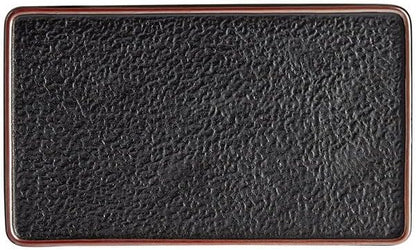 Heika Black Matte Rectangular Stoneware Plate, 13 3/4 x 8 Inch, Textured Design with Banded Rim, Dishwasher and Microwave Safe, 12 per Case