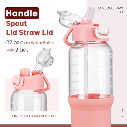 SIEROZUR 32 oz Glass Tumbler with Straw, Glass Water Bottles with 2 Lids-Handle Spout Lid & Straw Lid, 1 Liter Motivational Water Bottles, Silicone Sleeve, Fits Car Cup Holder,Pink
