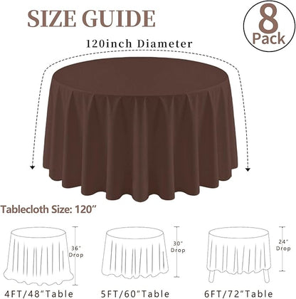 8 Pack Round Tablecloth 120 Inch Cloth Brown Tablecloth for Round Tables, Washable Polyester Table Cloth Stain and Wrinkle Resistant Decorative Table Cover for Wedding Party Dining Banquet