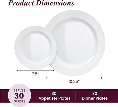 Aya’s 60 Pack Plastic Plates for Party - Heavy Duty Disposable Plate Set with 30 Dinner and 30 Salad Plates - Durable Round White Thanksgiving Plate for Weddings, Holidays, Events, and Gatherings