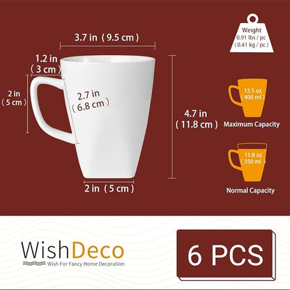 WishDeco White Coffee Mugs Set of 6, Ceramic Coffee Cups 14 oz, Modern Tea Mugs - Image 3