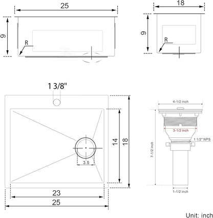 25x18x9 Inch Kitchen Sink, Handmade 304 Black Stainless Steel Single Bowl, Centre-Offset Drain, R10 Tight Corner, Drop in Kitchen Sink with Strainer & Bottom Grid