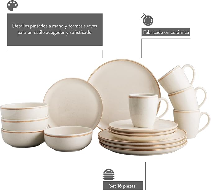 Corona Dinnerware Set 16-pieces Earthenware | Beige Caoba | Hand-Painted | Set - Image 2
