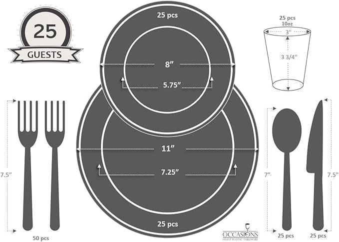" OCCASIONS " 200pcs set (25 Guests)-Extra Heavyweight Vintage Wedding Disposable/Reusable Plastic Plates 25 x 11'' + 25 x 8.25''+Silverware+Cups+Napkins (Chateau Collection Ivory)