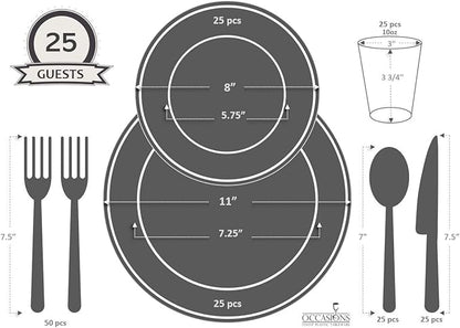 " OCCASIONS " 200pcs set (25 Guests)-Extra Heavyweight Vintage Wedding Disposable/Reusable Plastic Plates 25 x 11'' + 25 x 8.25''+Silverware+Cups+Napkins (Chateau Collection Ivory)