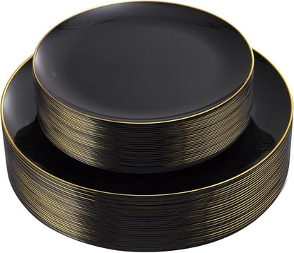 KIRE 60PCS Black Plastic Plates - Black Disposable Plates with Gold Rim for Halloween Party/Graduation - Include 30Pcs 10.25inch for Dinner and 30Pcs 7.5inch for Dessert