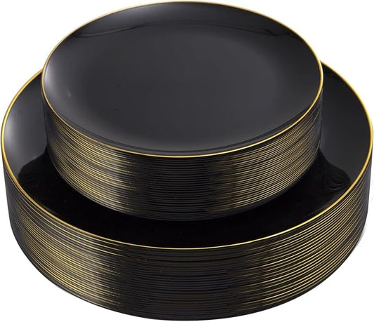 KIRE 60PCS Black Plastic Plates - Black Disposable Plates with Gold Rim for Halloween Party/Graduation - Include 30Pcs 10.25inch for Dinner and 30Pcs 7.5inch for Dessert