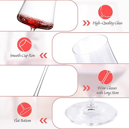 KAMMAK Wine Glasses Set of 2, 18.8 oz Hand Blown Crystal Bordeaux Wine Glasses, Thin Rim & Long Stem, Perfect for Red & White, Daily Use, Wedding Anniversary or Birthday Gift with Gift Box, Stet