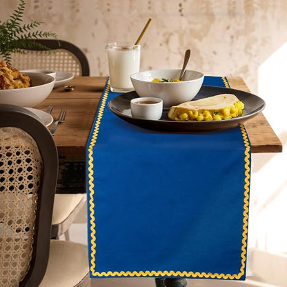 Folkulture Fall Table Runner 72 Inches Long | Blue & Yellow Rick Rack | Table - Image 8