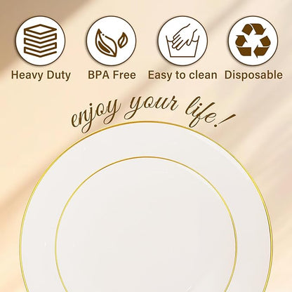 Nervure 100Pcs Ivory and Gold Plastic Plates - 10.25inch Disposable Ivory Dinner Plates - Heavy Duty Plastic Plate Ideal for Wedding & Party