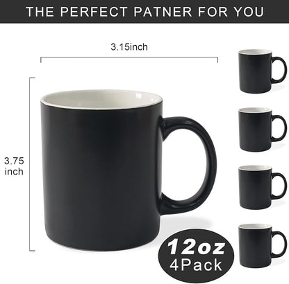 12 oz Cup Plain Gloss Black Ceramic Coffee Mug Set of 4 - Image 2