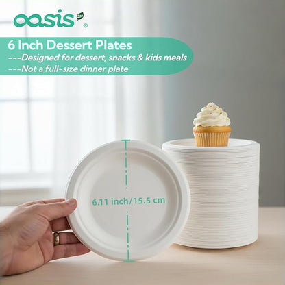 6 Inch 128 Pack Compostable Disposable Paper Plates, Small Dessert Plates, Heavy Duty Sugarcane Bagasse, Biodegradable Eco-Friendly, Perfect for Kids Meals & Parties, White