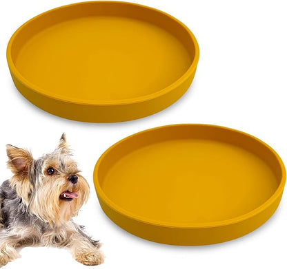 Silicone Dog Bowl Shallow Cat Food Bowls 7" Wide Puppy Plates Whisker Fatigue Pet Feeding Dishes Set of 2 for Dry Food and Wet Food Indoor (Round Yellow)