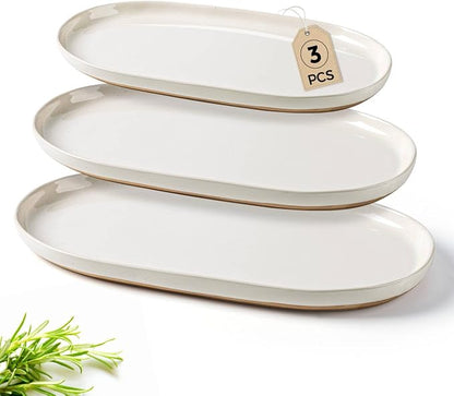 AmorArc Large Ceramic Serving Platter, 15.5"/14"/12.2" Oval Platters Microwave Safe, Serving Trays for Wedding, Stoneware Serving Dish for Entertaining&Party, Set of 3
