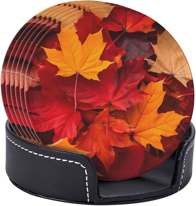 Autumn Fall Leaves Leather Coasters Set of 6 - Image 9