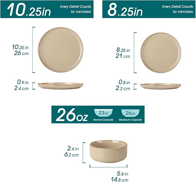 vancasso PLAYA Ceramic Plates and Bowls Sets, 24 Pieces Brown Dinnerware Sets - Image 2
