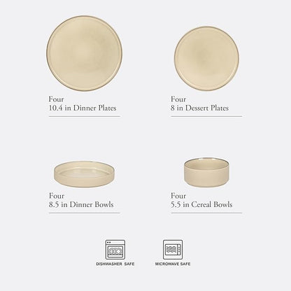 Gibson Elite Liberty Bay 16-Piece Pottery Clay Stoneware Dinnerware Set – Taupe Reactive Glaze, Stackable Plates and Bowls W/Pasta Bowl, Service for 4 – Microwave & Dishwasher Safe