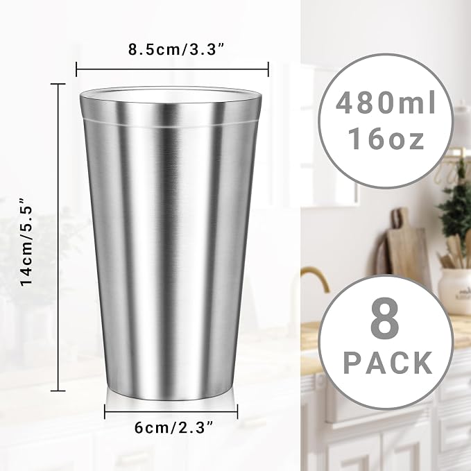 Stainless Steel Cup, 16 oz Insulated Tumbler, 8 Pack Double Wall Unbreakable - Image 2