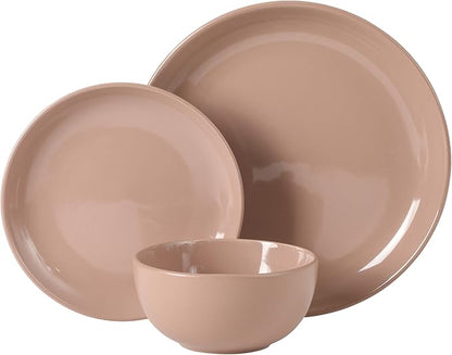 Gibson Home Rockaway 12 Piece Plates and Bowls Matte Outside/Shiny Inside Glaze Service for 4 Dinnerware Set - Pink - Dishwasher and Microwave Safe