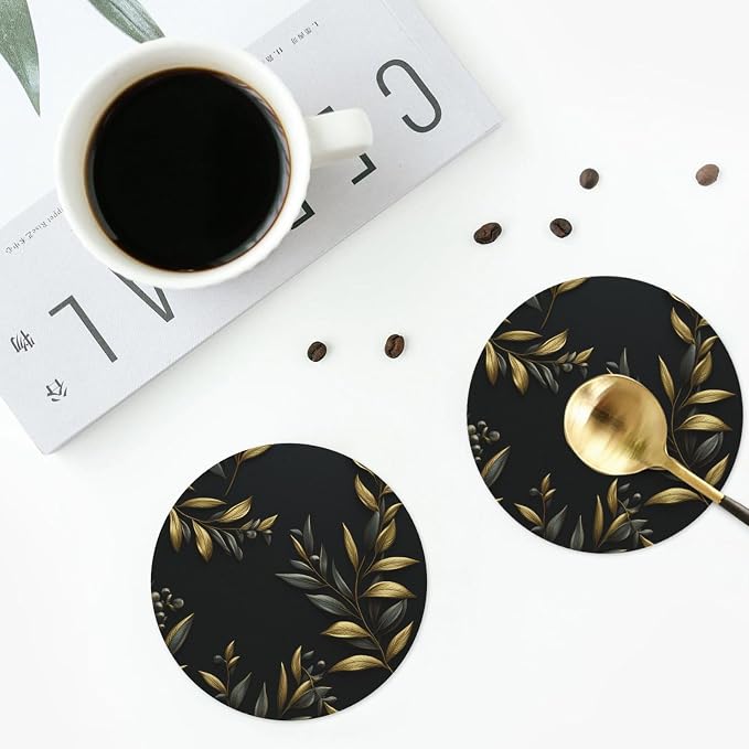 4Pcs Leather Coaster for Drinks Golden Olive Branch Cup Coasters Aesthetic - Image 8