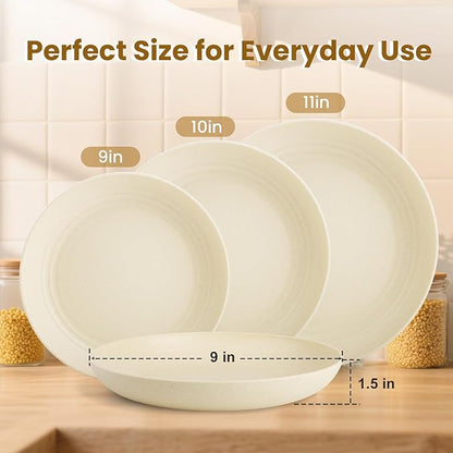 Deep Dinner Plates Set of 8, Wheat Straw Plate 9 Inch, Lightweight and Unbreakable Plastic Plate Reusable, Microwave & Dishwasher Safe Camping Plates for Picnic, Outdoor, Travel (Beige)