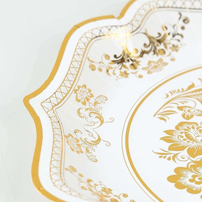 50 Pack 10" White Gold French Toile Dinner Plates, Disposable Round Paper Party Plates 300 GSM for Festive Table Decoration