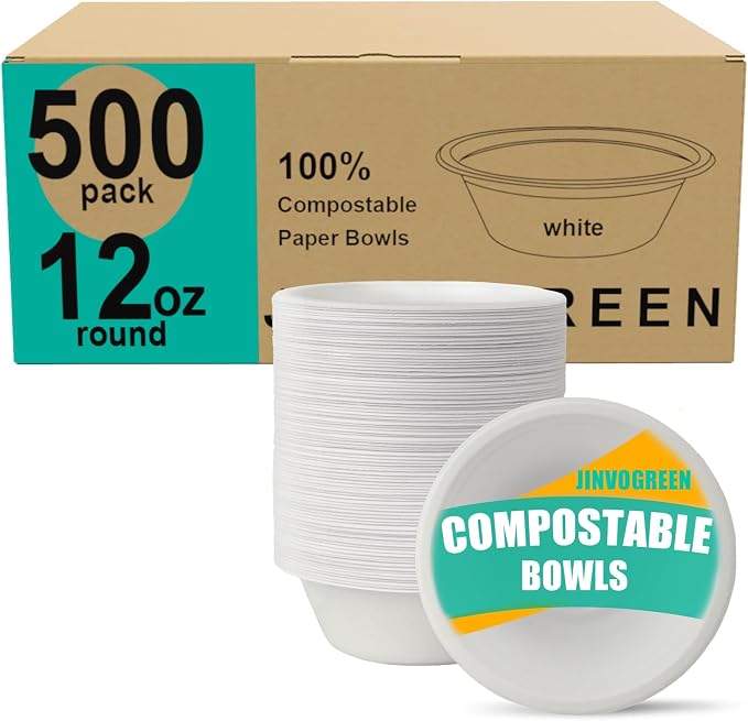 JINVOGREEN 500 Count 12 oz Paper Bowls, Disposable Compostable Bowls Bulk by JINVOGREEN