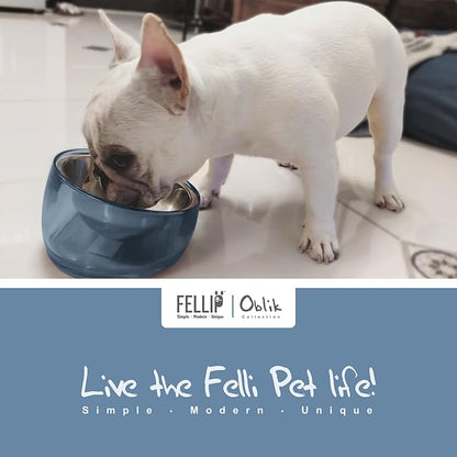 Felli Pet Oblik Acrylic Raised Dog Food Water Bowl Stainless Steel Slanted Oval Dish for Short Leg Puppy & Small Medium Pet, Elevated Tilted Metal Feeder (Shadow, 1.5 Cups Oval Dish)
