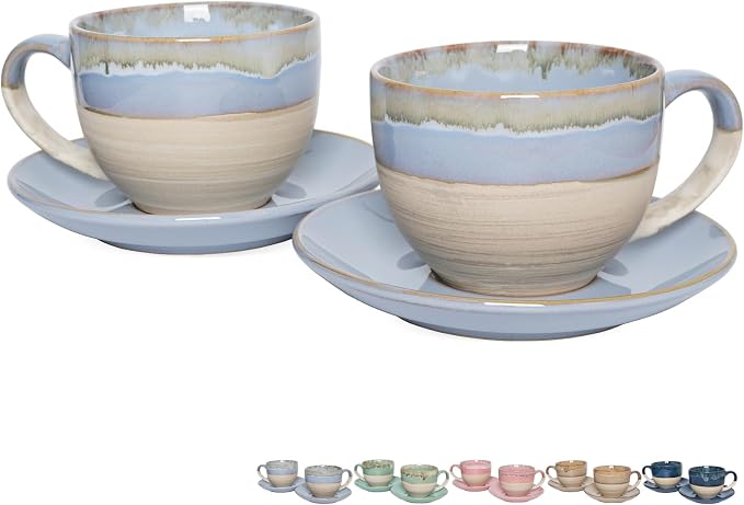 Bosmarlin Ceramic Cappuccino Cup and Saucer Set of 2, 10 Oz, Coffee Cups by Bosmarlin