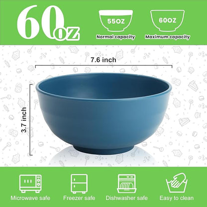 Wheat Straw Bowls Set of 6, 60 OZ Unbreakable Camping Bowls, Microwave Safe & Dishwasher Safe, Large Salad Bowls for Outdoor, Picnic, RV Trips, Ramen, Cereal, Soup, Dark Blue