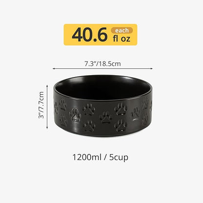 Ceramic Dog Bowl Set, 7.3" Dog Bowls with Anti-Slip Rings for Medium Breed Dogs, 5 Cup Food and Water Bowls, Pet Dishes for Medium-Sized Dogs, Dishwasher Safe (Double Bowls - Black, 7.3 inch)
