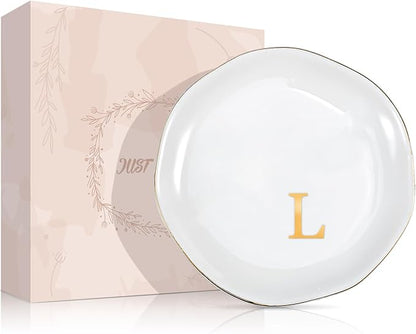ProCase Ceramic Jewelry Tray, Initial Ring Dish Trinket Plate Engagement Gift, Small Personalized Monogram Ring Bowl for Wedding, White Decorative Jewelry Holder for Women Vanity -Letter L