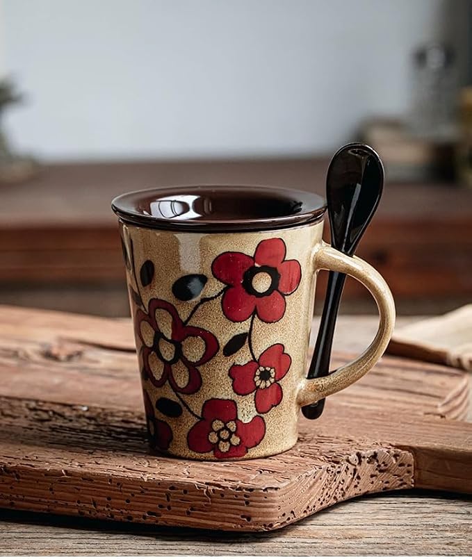 Coffee Mugs 12 oz with Spoon and Lid, Novelty Ceramic Coffee Cups by Tvvtuww