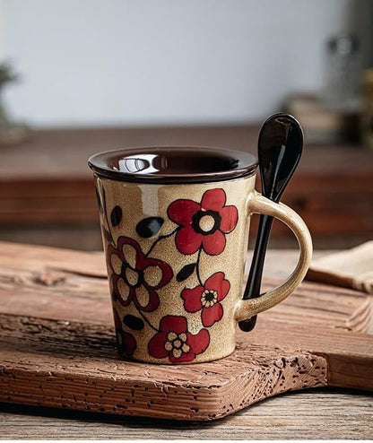 Coffee Mugs 12 oz with Spoon and Lid, Novelty Ceramic Coffee Cups by Tvvtuww