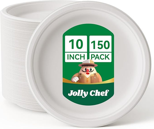 JOLLY CHEF Compostable Heavy Duty Plates 𝟭𝟬 𝗜𝗻𝗰𝗵 [𝟭𝟱𝟬 𝗣𝗮𝗰𝗸] Eco-Friendly Disposable Uncoated Paper Plates Bagasse Biodegradable Bulk for Party Dinner Hot Cold Food Christmas (White)
