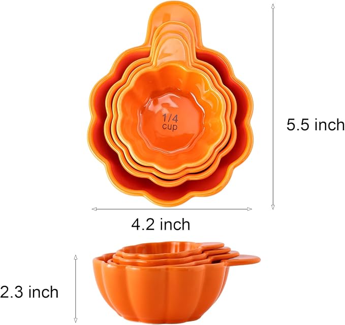 Pumpkin Ceramic Measuring Cups, 4-Piece Set, ⅓ & ¼ Cup Sizes, Baking & Cooking - Image 2