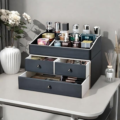 KINGFOM 2 Tier PU Leather Makeup Organizer with 3 Drawers, Cosmetic Storage Organizers for vanity Dresser Countertop and Bathroom Vanity, Beauty Holder for Lipstick Brush Skincare (Black)