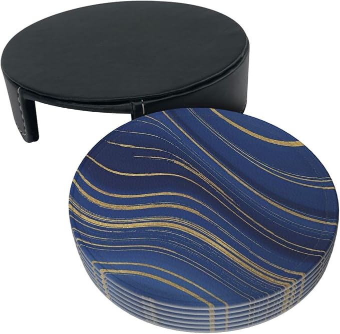 6 Pcs Abstract Geometric Navy Blue Marble Gold Stripes Leather Coasters - Image 4