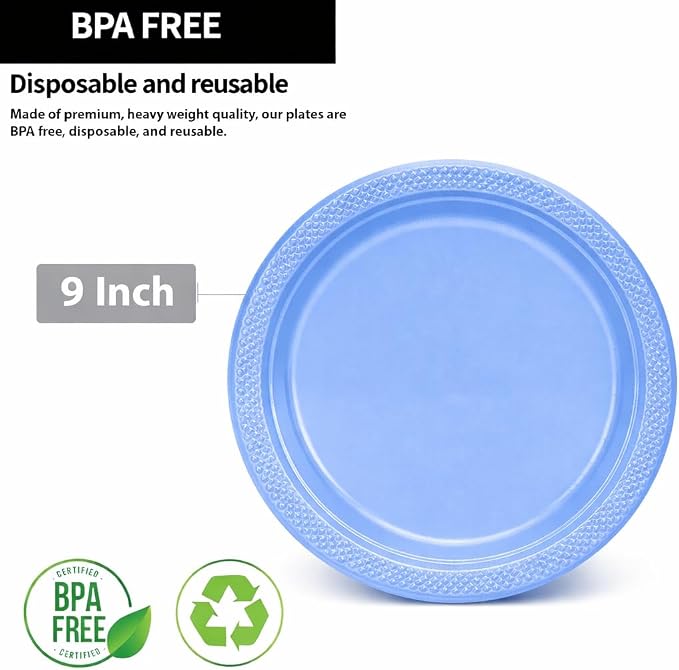 Light Blue Solid Color Plastic Premium Heavy Weight Dinner Plate 50 Count - Image 2