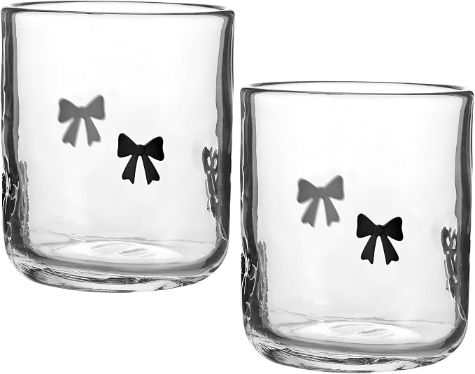 Skylety 2 Pack Coquette Black Bow Icon Juice Glasses 14 oz Cute Glass Cups by Skylety