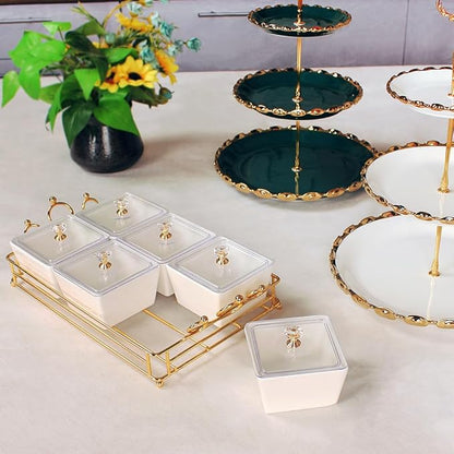 YA JU Ceramic Bowls and with Lid Gold Basket Trays, 6 Removable Small Bowls Condiment Trays Nut Serving Set for Snacks, Fruits, Candy and Condiments -Great for Parties, Holiday Gifts, White