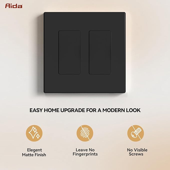 AIDA 2-Gang Decorative Wall Plates, 4.88" H x 4.94" L - Unbreakable Thermoplastic Faceplate Cover for Outlets and Switches, UL Listed - (1 Pack, Matte Black)