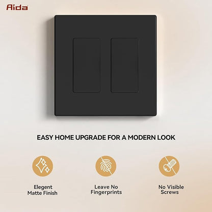 AIDA 2-Gang Decorative Wall Plates, 4.88" H x 4.94" L - Unbreakable Thermoplastic Faceplate Cover for Outlets and Switches, UL Listed - (1 Pack, Matte Black)