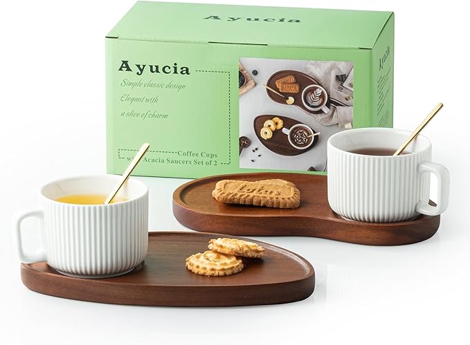 Tea Cups and Saucers Set of 2, 8OZ Cappuccino Cups by AYUCIAPremiumCeramic
